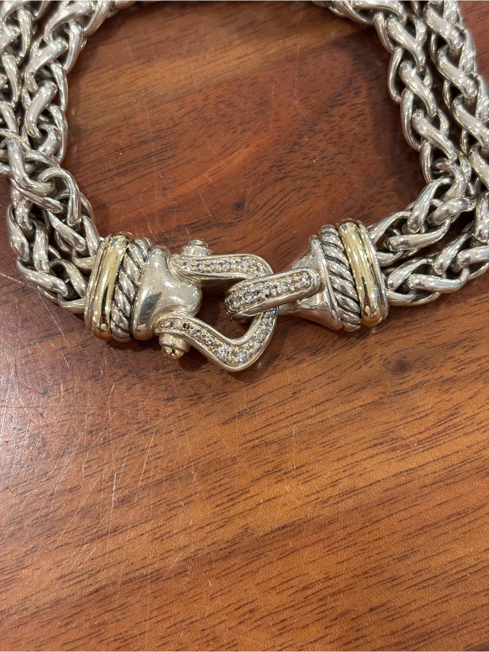 David Yurman 18K Diamond Buckle Double Wheat Chain Bracelet - 8 inches long - Picture 2 of 5